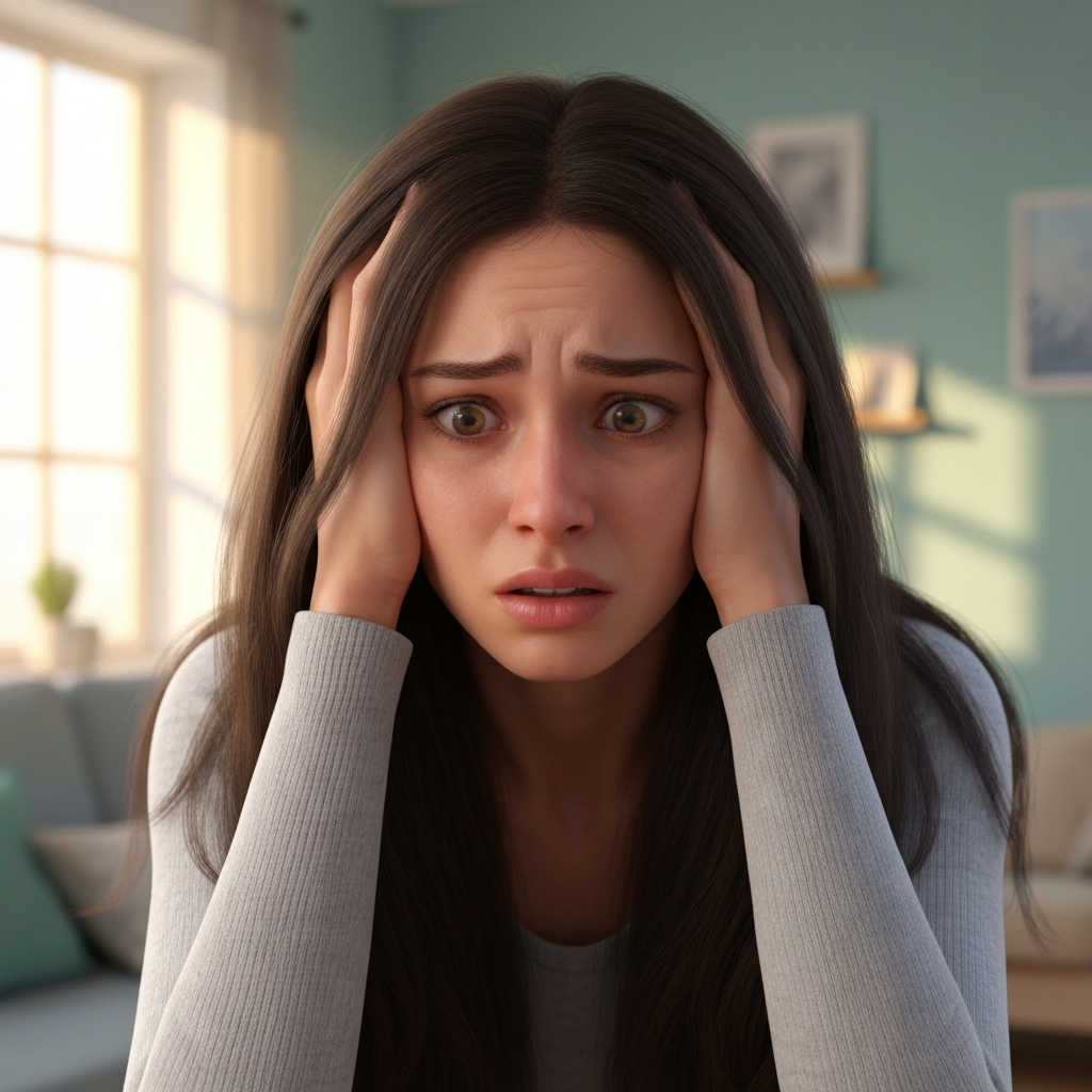Anxious woman with hands on head