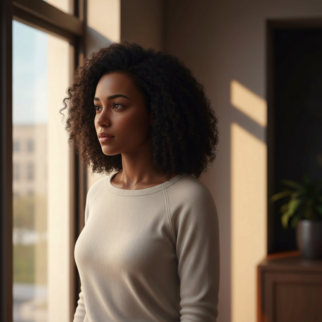 Woman gazing out window thoughtfully