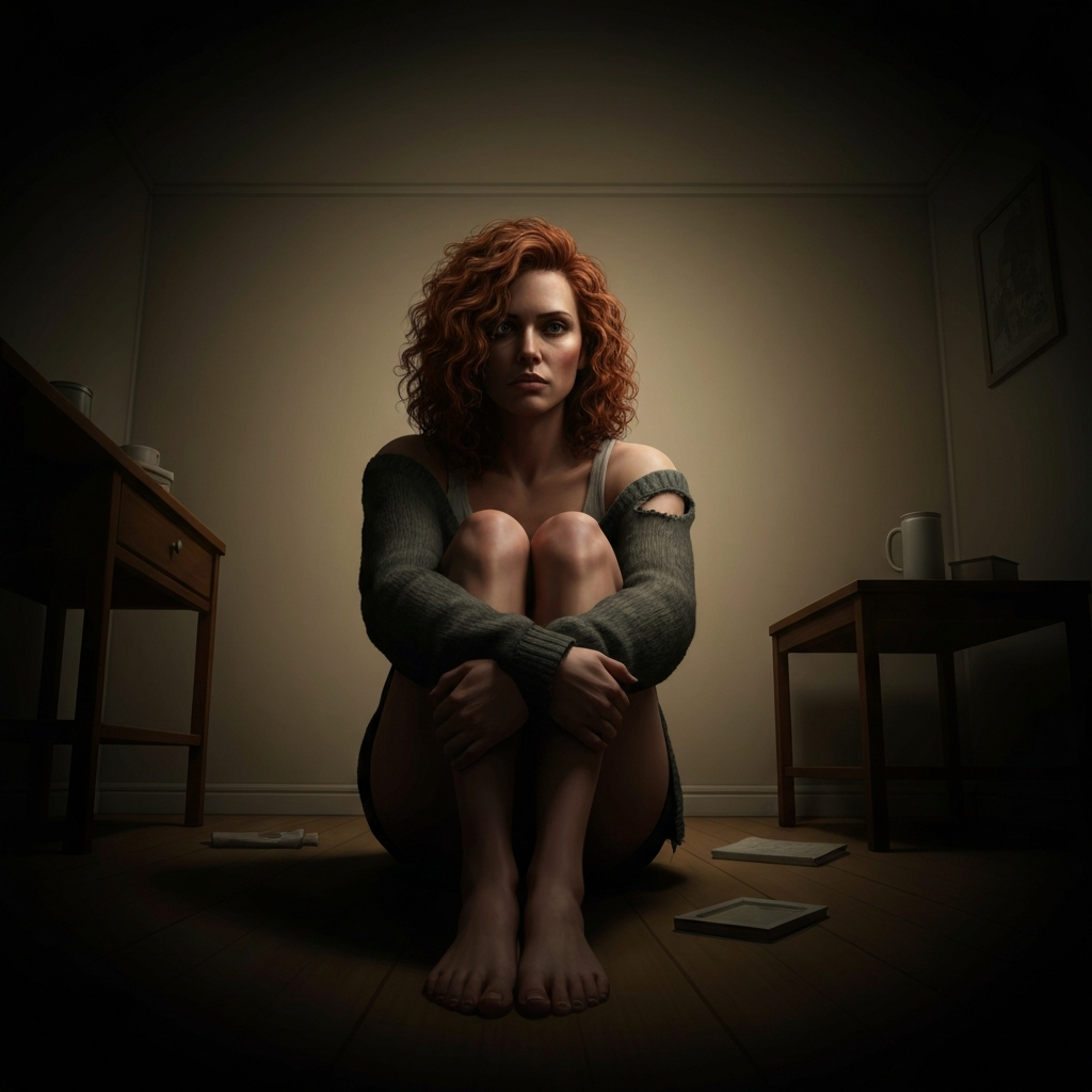 Woman sitting alone in shadowy room