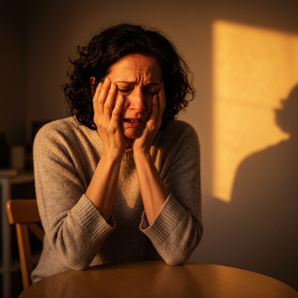 Distressed person at table