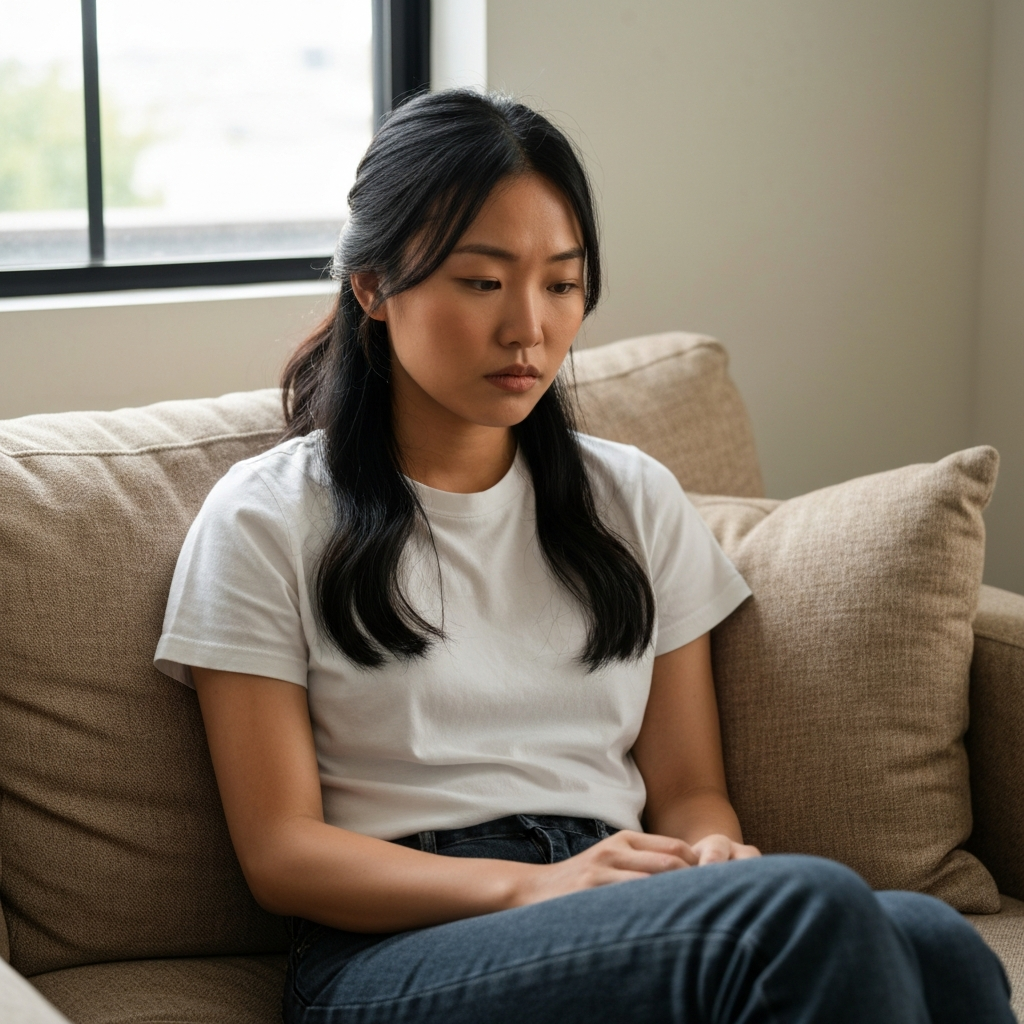 Person reflecting on trauma indoors